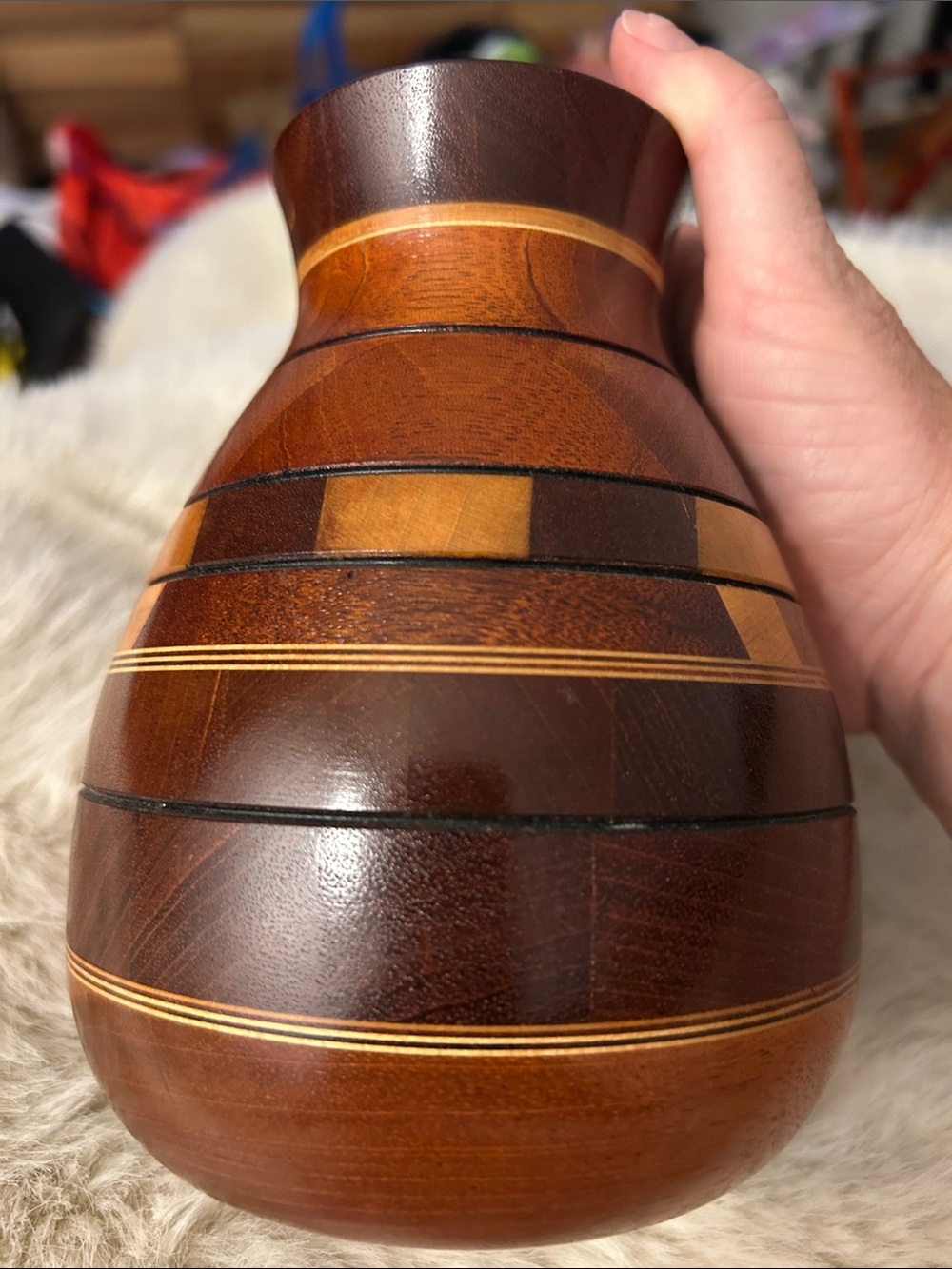 Handcrafted Brown Wood Inlay Decorative Vase